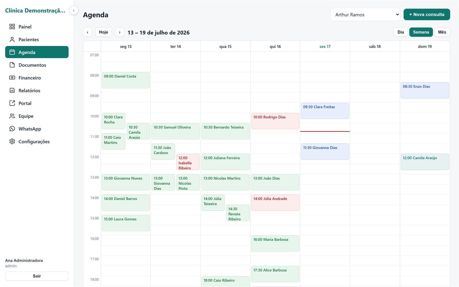 Agenda semanal do Continens com as consultas de um psicólogo, coloridas por status